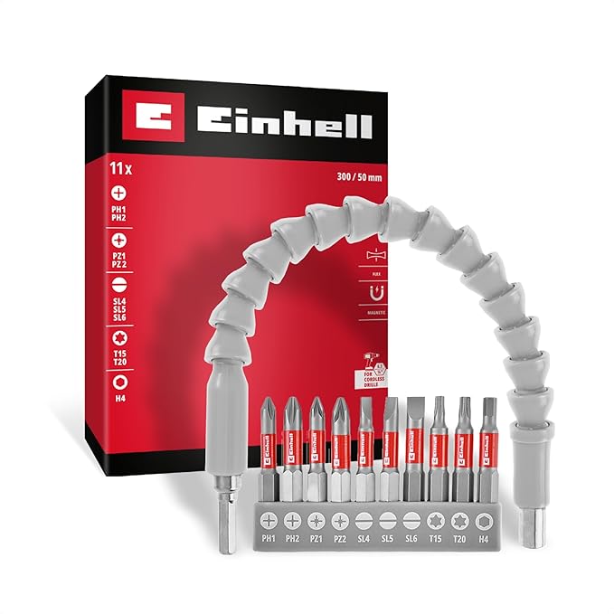 Einhell 11 Parça Bit Seti (300 mm Esnek Mil, Kalıcı Mıknatıs, 10 Adet 50 mm Bit, Krom Vanadyum, 1/4 inç E 6.3 Sap, Akülü Vidalama Makineleri İçin) - 49133115