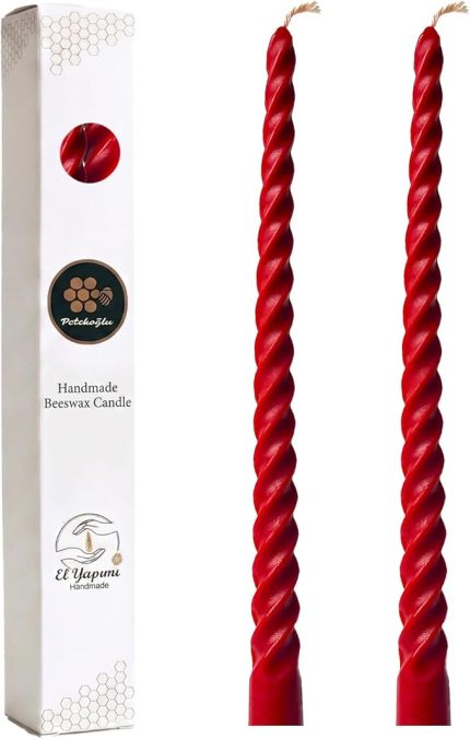 Kırmızı 2 Adet 27.5 cm Konik Burgulu Balmumu Mum Şamdan Mumu Doğal Petek Balmumu Mum (Beeswax Candle)