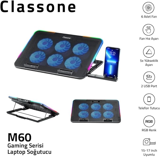 Gaming M60 Laptop Soğutucu, 2500 RPM,10 RGB ışık kontrolü, 15.6-17 inch, Hız kontrolü, 6 Büyük fan,Telefon standı, 2 USB - Görsel 2