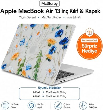 MacBook Air 13 İnç Kılıf A1369 A1466 Uyumlu Çiçek Desenli Hard Case Sert Koruyucu Kapak Printed Floral Laptop Kılıfı 2010-2017 Sarı