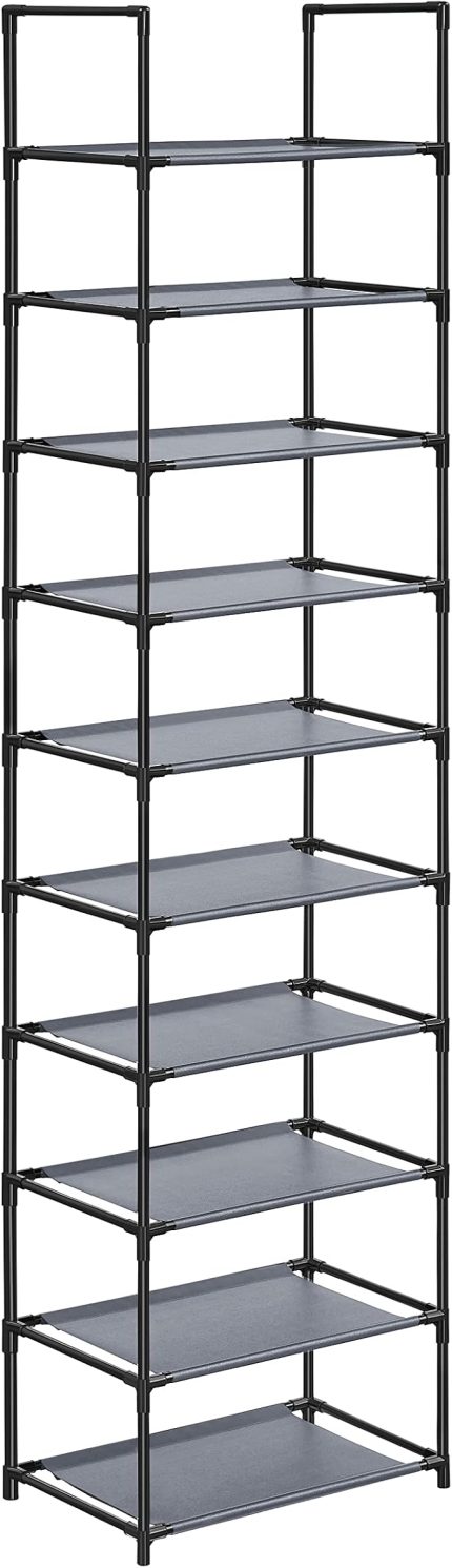 Ayakkabı Rafı, Ayakkabı Organizatörü, 10 Raf, Ayakkabı Açık Dar, 28 x 45 x 173 cm, Metal Çerçeve, Dokumasız Kumaş Raflar, Koridor, Yatak Odası, Gri LSH010G01