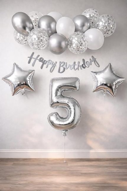 Konsept Dogum Gunu Kutlama Seti Beyaz Gumus Konfetili Balon Rakam Yıldız Folyo ve Banner (5 Yaş)