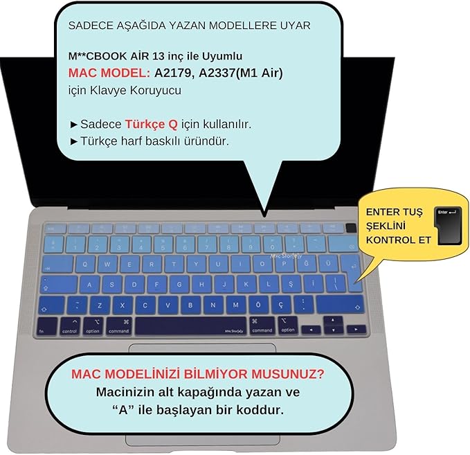 Türkçe Q Klavye Koruyucu MacBook Air A1932 A2179 A2337 M1 Uyumlu | UK ISO Ters L Enter | Ultra İnce Silikon Keyboard Cover Lacivert Mavi - Görsel 2
