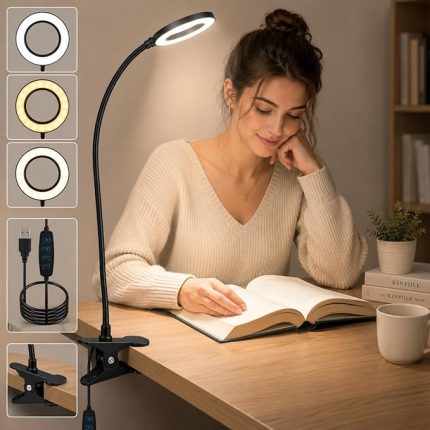 Çok Fonksiyonlu LED Akrobat Masa Lambası, Klipsli Göz Koruyuculu, Ayarlanabilir Açılı, Kitap Okuma lambası, Ring Light, 3 FarklıYanma Modu (Sarı, Beyaz, Gün Işığı)