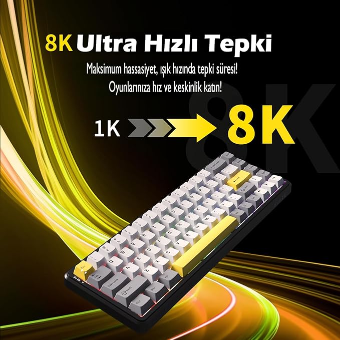 Ajazz AK680 Max%68 Manyetik Switch Oyuncu Klavyesi, Coiled Kablo, 3000mAh, 8000Hz Kablolu-1000Hz Kablosuz Polling Rate, RGB Arkadan Aydınlatmalı Mekanik Klavye (Beyaz Lacivert) - Görsel 4