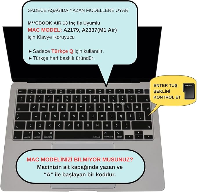 Türkçe Q Klavye Koruyucu MacBook Air 13 A1932 A2179 A2337 M1 Uyumlu | UK ISO Ters L Enter | Ultra İnce Silikon Keyboard Cover Siyah - Görsel 2