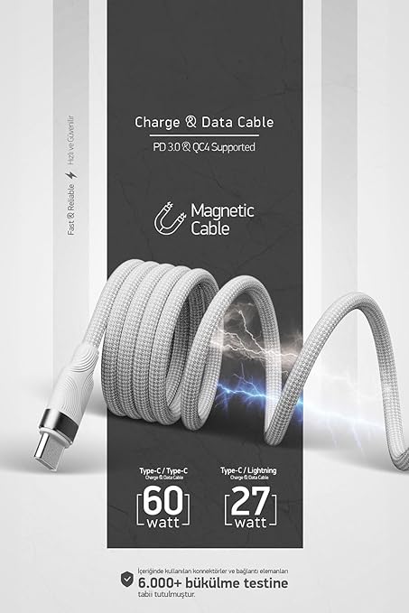 Örgülü Mıknatıslı 60W Type-C to Type-C 1mt Data ve Şarj Kablosu SPK-13 (60w Mıknatıslı, Type-C to Type-C) - Görsel 4