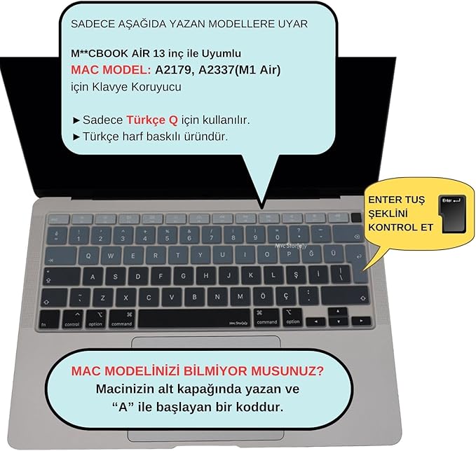 Türkçe Q Klavye Koruyucu MacBook Air A1932 A2179 A2337 M1 Uyumlu | UK ISO Ters L Enter | Ultra İnce Silikon Keyboard Cover Siyah Gri - Görsel 2