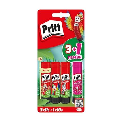 Stick Yapıştırıcı, 3+1 Simli ve Güvenli El işi Yapıştırıcısı, Hızlı ve Pratik Yapıştıran Okul ve Ofis Malzemesi, 3x11g+1x10g Pritt Stick Yapıştırıcı Pembe