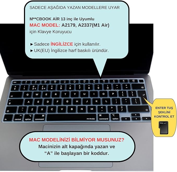 UK İngilizce Klavye Koruyucu MacBook Air A1932 A2179 A2337 M1 Uyumlu | Avrupa İngilizce ISO Ters L Enter | İnce Silikon Keyboard Cover Siyah Siyah - Görsel 2