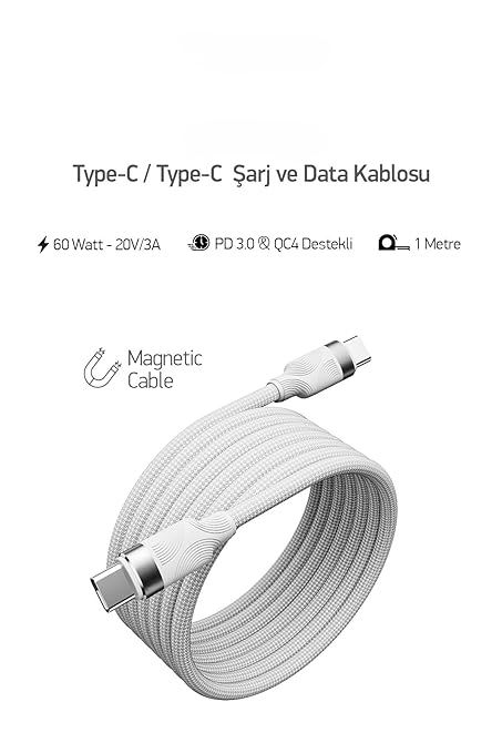 Örgülü Mıknatıslı 60W Type-C to Type-C 1mt Data ve Şarj Kablosu SPK-13 (60w Mıknatıslı, Type-C to Type-C) - Görsel 2