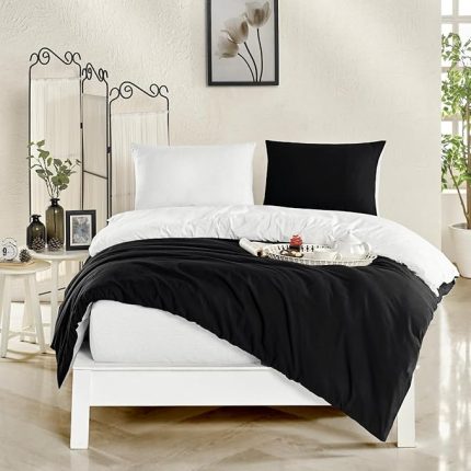 Kişilik Battal Boy,Çift Kişilik Nevresim Takımı (Lastikli Çarşaf+Yastık Kılıfı+Yorgan Kılıfı) Çift Yönlü Pamuk-Polyester 90x190 100x200 120x200 160x200 180x200 200x200 (Beyaz-Siyah, 160x200)