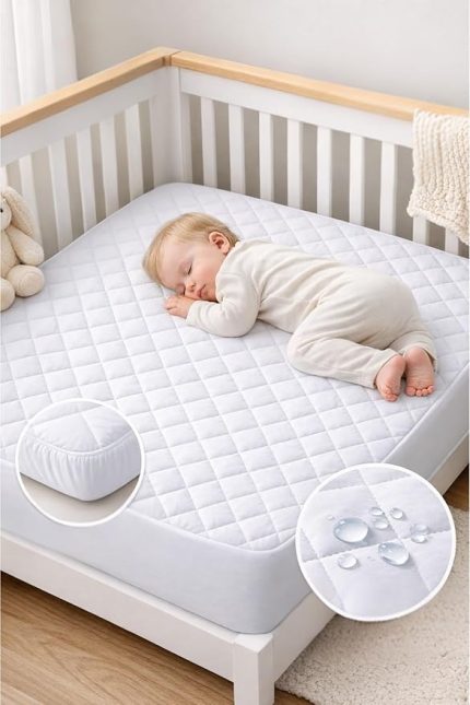 Beyaz%100 Pamuk Kapitone Fitted Su Sıvı Geçirmez Bebek-Çocuk Alezi, Park Yatak Beşik Yatak Alezi, 70x120