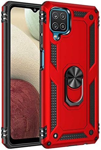 Samsung Galaxy A12 ile Uyumlu Kılıf Silikon Yüzük Standlı Araç Tutucu için Mıknatıslı Darbe Karşı Dayanıklı Koruma Tank İnce Kap Vega Kırmızı