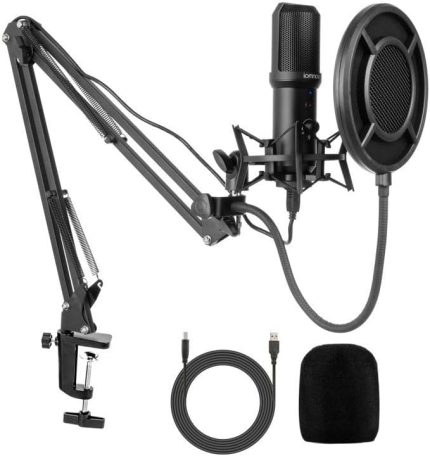 USB Condenser Masaüstü Mikrofon Seti – Kardioid Yönlü, 16bit/48kHz Profesyonel Kayıt, LED Kontrollü, Shock Mount ve Stand Dahil – Streaming, Podcast, Oyun ve Vokal İçin | Q10-Q10B
