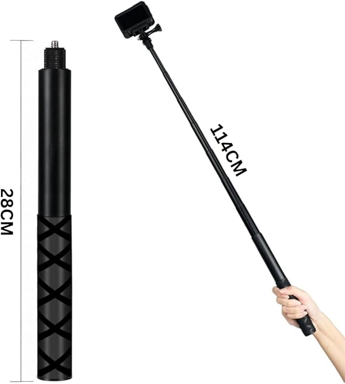 150cm Görünmez Selfie Çubuğu, Insta360 X3, X2, X4, X5, ONE RS, GO 3, One X, Evo ile Uyumlu, 180 gr Alüminyum Katlanabilir Uzatma Çubuğu, 1/4” Vidalı Bağlantı, 360° Görünmez Çekim, Siyah - Görsel 3