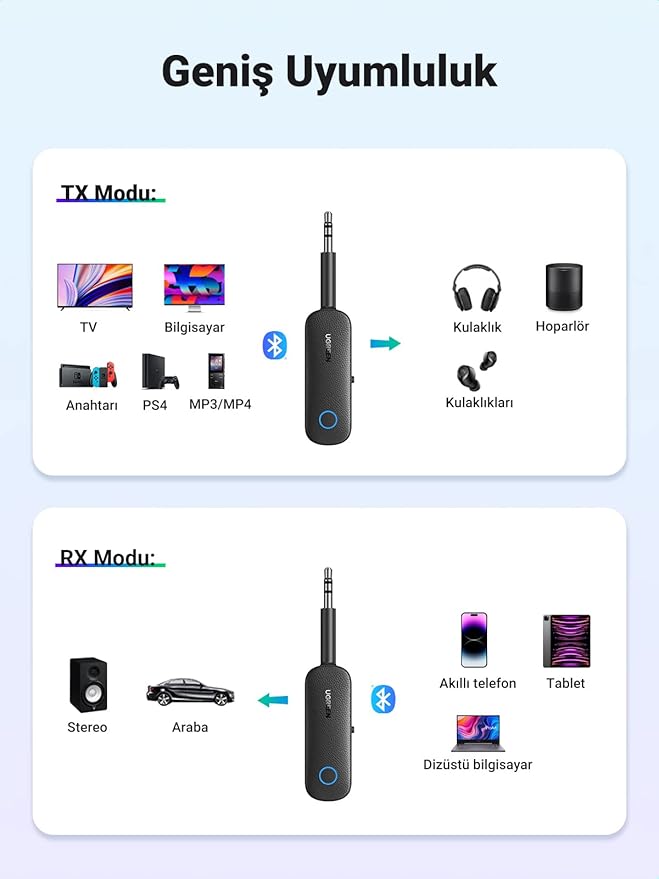 Bluetooth 5.0 Verici 3.5mm Jack ve Dahili Mic Araç Mikrofon Bluetooth Adaptörü ile 2'si 1 Arada Alıcı Siyah - Görsel 4