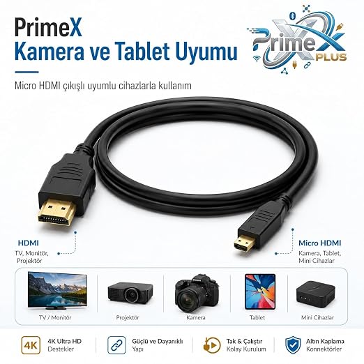 PX-1121 Micro HDMI to HDMI Kablo, 1.5 Metre 1080P Full HD Hdmi Görüntü ve Ses Aktarım Kablosu, Micro Hdmi Type-D Kamera Tablet Mini Laptop Raspberry Pi TV Monitör Projeksiyon Bağlantı Kablosu - Görsel 3