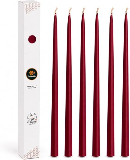 Balmumu Mum (Beeswax Candle) 6'lı Bordo Konik Şamdan Mum Seti 34 Cm Dekoratif Doğal Arı Balmumu Mum