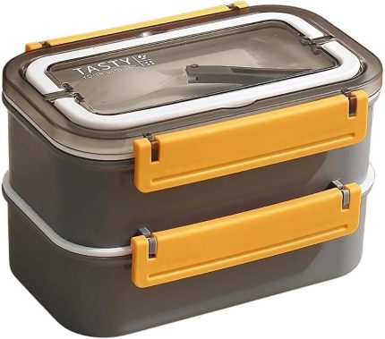 Bento 1600ml Lunchbox 2 Katlı 4 Bölmeli Çelik Sefer Tası Yemek Kutusu (Gri)