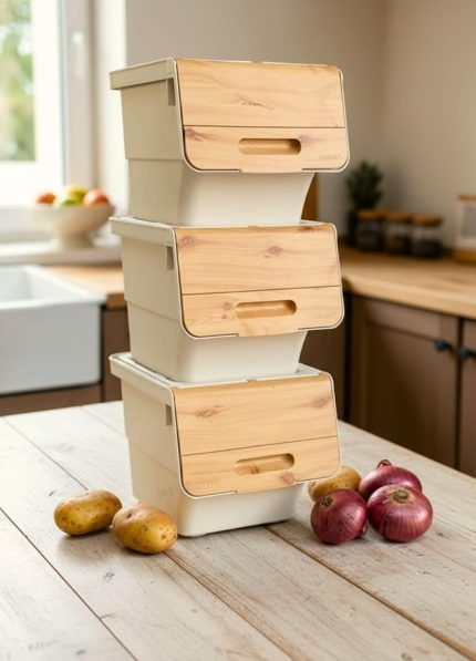 Tekerlekli Bambu Renk Sebzelik - Patates Soğan Sepeti Organizer - 36 L Hava Alan Kutu