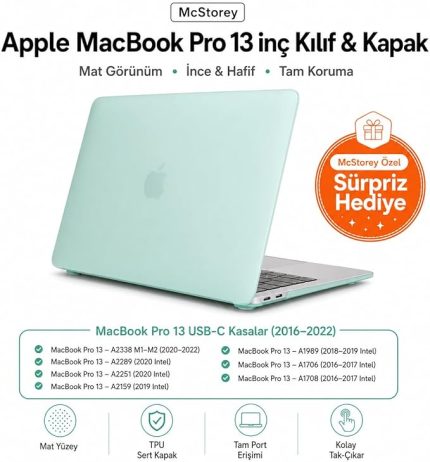 MacBook Pro 13 İnç Kılıf A2338 M1 M2 Uyumlu Mat Frosted Buzlu Yarı Şeffaf Sert Koruyucu Kapak A1706 A1708 A1989 A2159 A2251 A2289 Açık Yeşil