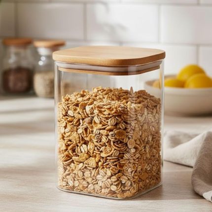 900ml Sızdırmaz Vakumlu Bambu Kapaklı Borosilikat Cam Kavanoz – Hava Geçirmez & Dayanıklı Gıda Saklama Kabı (10cm x 13cm)