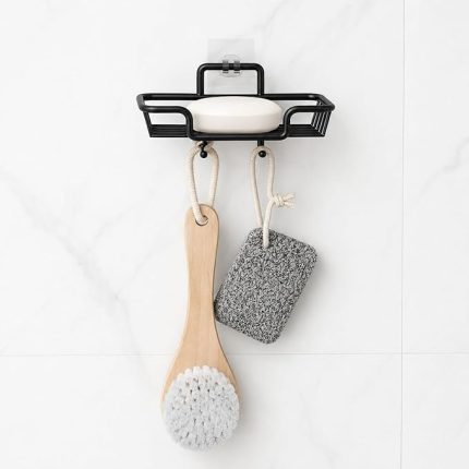 Banyo Yapışkanlı Siyah Sabunluk ve Lif Askılık, Delmeden Montajlı Banyo Sabun Rafı, Çift Askılı Mat Siyah Banyo Düzenleyici