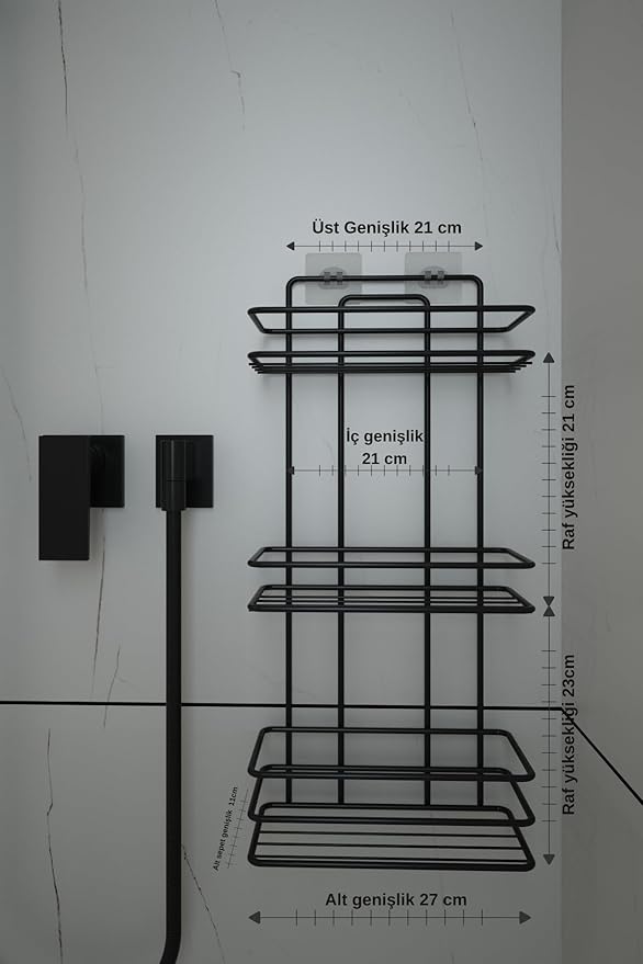 Banyo 3 Katlı Siyah Düz Banyo Rafı, Yapışkanlı ve Vidalı Montajlı Duş Rafı, Şampuanlık ve Banyo Düzenleyici Raf - Görsel 5