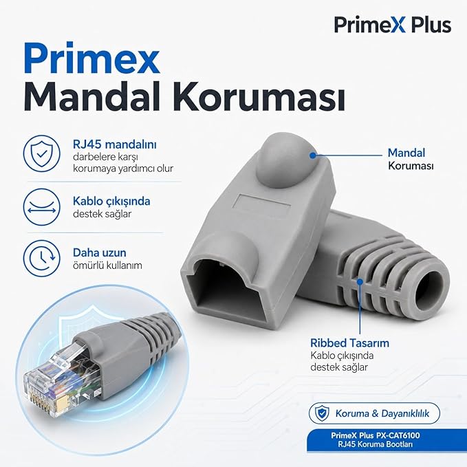PX-CAT6100 RJ45 Koruma Kılıfı 100 Adet, Cat5 Cat6 Ethernet Konnektör Boot Cover, LAN Ağ Kablosu Jack Koruyucu Papuç - Görsel 3