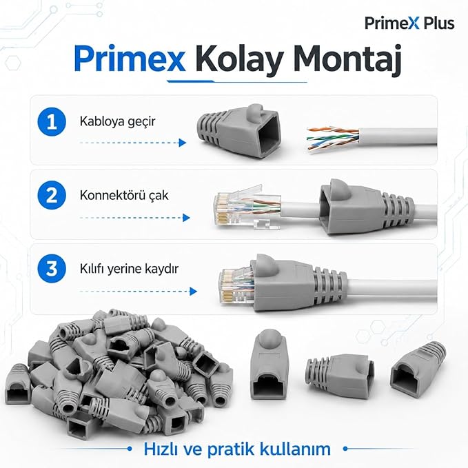 PX-CAT6100 RJ45 Koruma Kılıfı 100 Adet, Cat5 Cat6 Ethernet Konnektör Boot Cover, LAN Ağ Kablosu Jack Koruyucu Papuç - Görsel 4