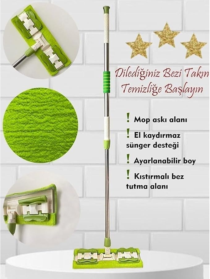 Teleskobik Mandallı Mop.Yedek Bez Hediyeli.Fayans,Duvar,Yüzey ve Cam Temizlik Paspası Yeşil - Görsel 5