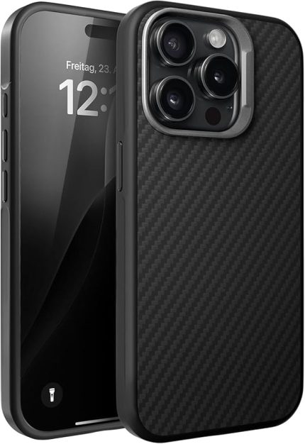 iPhone 15 Pro Max için Fiber Karbon Arka Tasarımlı Metal Tuşlu ve Lens Çerçeveli Sararmayan ve Çizilmeyen Güçlü Darbe Emici Premium Silikon Kılıf (Siyah, 15 Pro Max)