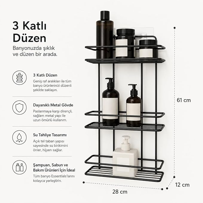 Banyo 3 Katlı Siyah Düz Banyo Rafı, Yapışkanlı ve Vidalı Montajlı Duş Rafı, Şampuanlık ve Banyo Düzenleyici Raf - Görsel 2