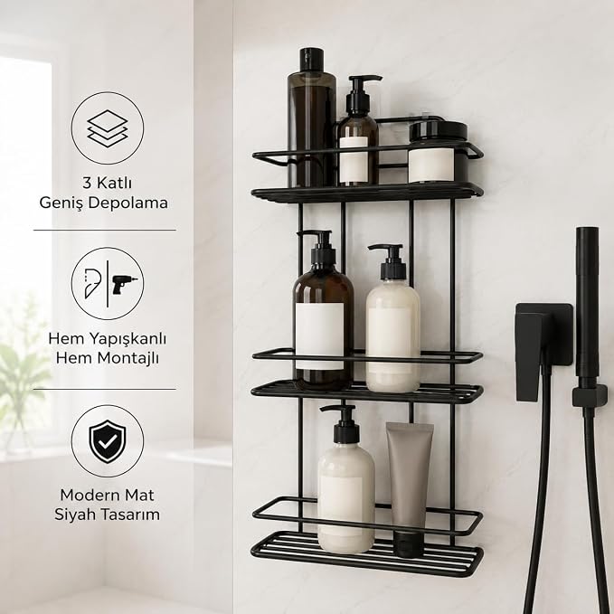 Banyo 3 Katlı Siyah Düz Banyo Rafı, Yapışkanlı ve Vidalı Montajlı Duş Rafı, Şampuanlık ve Banyo Düzenleyici Raf - Görsel 3
