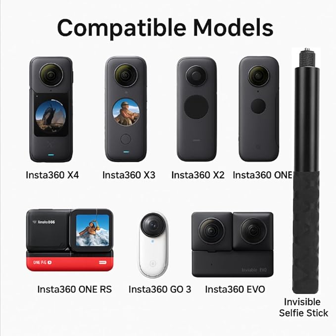 150cm Görünmez Selfie Çubuğu, Insta360 X3, X2, X4, X5, ONE RS, GO 3, One X, Evo ile Uyumlu, 180 gr Alüminyum Katlanabilir Uzatma Çubuğu, 1/4” Vidalı Bağlantı, 360° Görünmez Çekim, Siyah - Görsel 2
