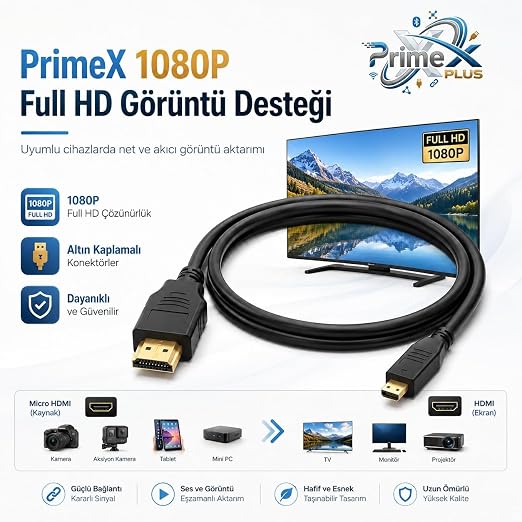 PX-1121 Micro HDMI to HDMI Kablo, 1.5 Metre 1080P Full HD Hdmi Görüntü ve Ses Aktarım Kablosu, Micro Hdmi Type-D Kamera Tablet Mini Laptop Raspberry Pi TV Monitör Projeksiyon Bağlantı Kablosu - Görsel 4