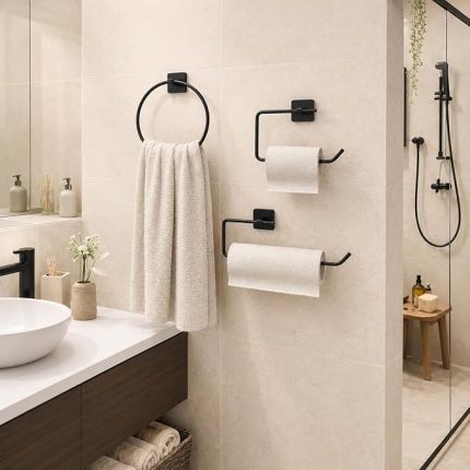 Banyo 3’lü Siyah Banyo Seti, Yapışkanlı ve Vidalı Montajlı Havluluk, Tuvalet Kağıtlığı, Yuvarlak Havluluk ve Kağıt Havluluk Seti