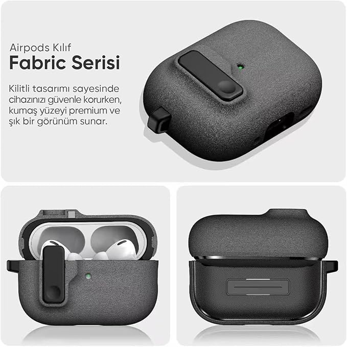 Airpods Pro 2 ile Uyumlu Fabric Serisi Özel Kilitli Tasarım ve Kumaş Yüzeyli Kılıf Darbelere Karşı Koruyucu Kapak (Gri, Airpods Pro 2) - Görsel 2