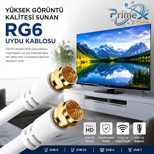PX-TV2 2Metre RG6 Full HD TV Uydu Kablosu, Altın uç Anten Kablosu, DVB-T, DVB-C, DVB-S, DVB-S2 Beyaz - Görsel 2