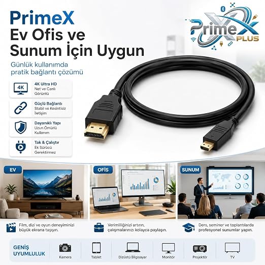 PX-1121 Micro HDMI to HDMI Kablo, 1.5 Metre 1080P Full HD Hdmi Görüntü ve Ses Aktarım Kablosu, Micro Hdmi Type-D Kamera Tablet Mini Laptop Raspberry Pi TV Monitör Projeksiyon Bağlantı Kablosu - Görsel 5
