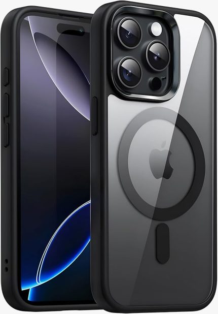 iPhone 15 Pro için SUPER-CRYSTAL Magsafe ile Uyumlu Kılıf Arkası Kristal Berraklığında Cam Görünüm Kenarları Darbe Emici Silikon Hybrid Kılıf (Siyah, 15 Pro)