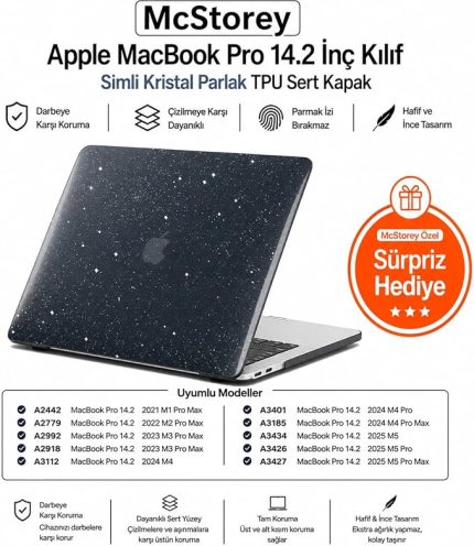 MacBook Pro 14.2 İnç Kılıf A2442 A2779 A2918 A2992 A3112 A3401 A3185 A3434 A3426 A3427 Uyumlu Simli Kristal Parlak Şeffaf Hard Case Sert Kapak Siyah