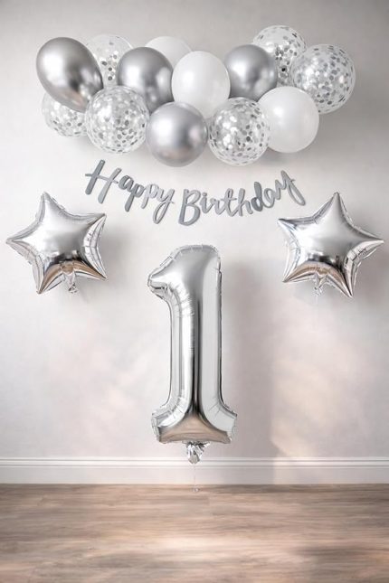 Konsept Dogum Gunu Kutlama Seti Beyaz Gumus Konfetili Balon Rakam Yıldız Folyo ve Banner (1 Yaş)