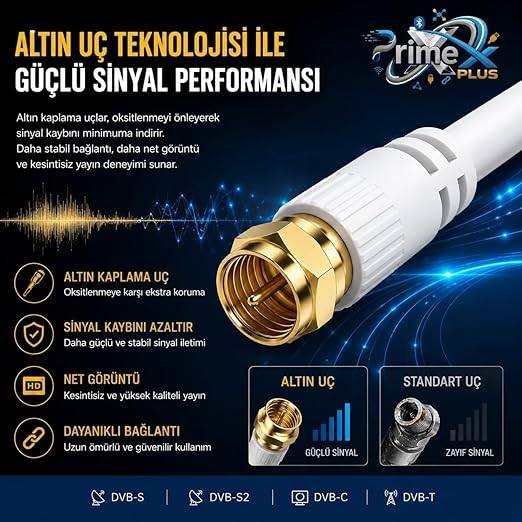 PX-TV2 2Metre RG6 Full HD TV Uydu Kablosu, Altın uç Anten Kablosu, DVB-T, DVB-C, DVB-S, DVB-S2 Beyaz - Görsel 3