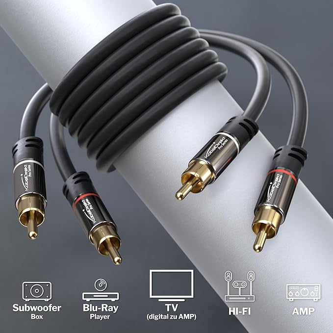 – 7,5m – cinch kablo, 2 cinch-2 cinch, stereo ses kablosu (koaksiyel, RCA fiş/fiş, analog veya dijital, derin bas hoparlör/amplifikatör/HiFi ve ev sineması/Blu-ray/alıcı için, siyah) - Görsel 2