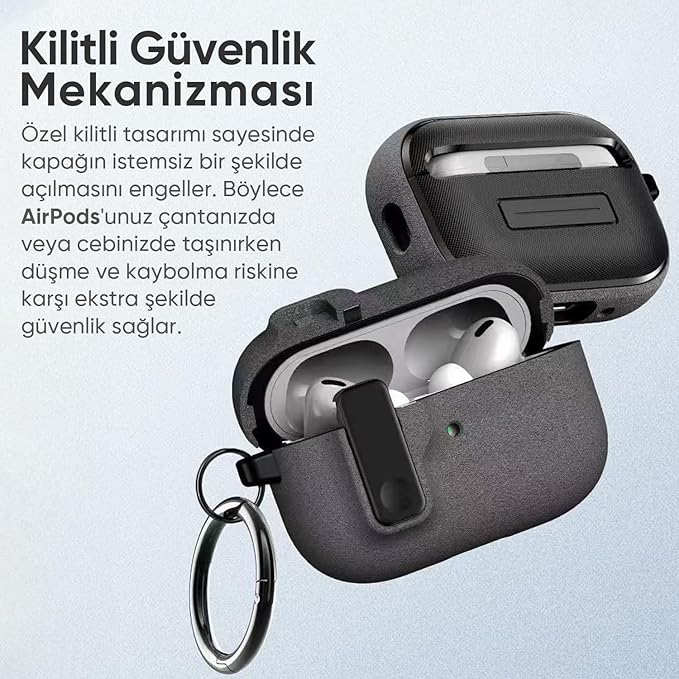 Airpods Pro 2 ile Uyumlu Fabric Serisi Özel Kilitli Tasarım ve Kumaş Yüzeyli Kılıf Darbelere Karşı Koruyucu Kapak (Gri, Airpods Pro 2) - Görsel 3