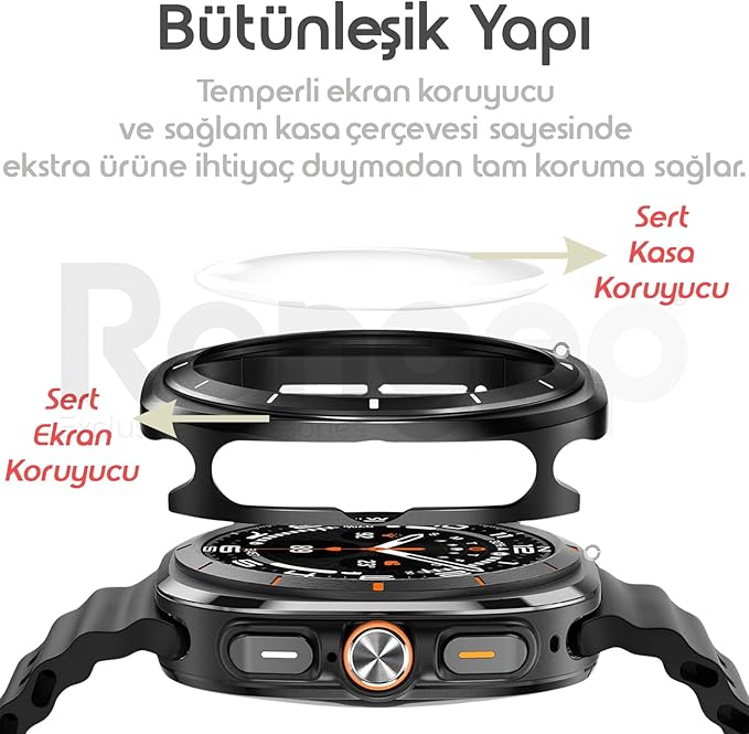 Samsung Galaxy Watch Ultra 47mm için 2’si 1 Arada Sert Polikarbonat Kasa ve Ekran Koruyuculu Kılıf Dokunma ve Netliği Etkilemeyen Çizilme ve Darbe Önleyici Galaxy Watch Ultra Koruyucu (Siyah) - Görsel 2