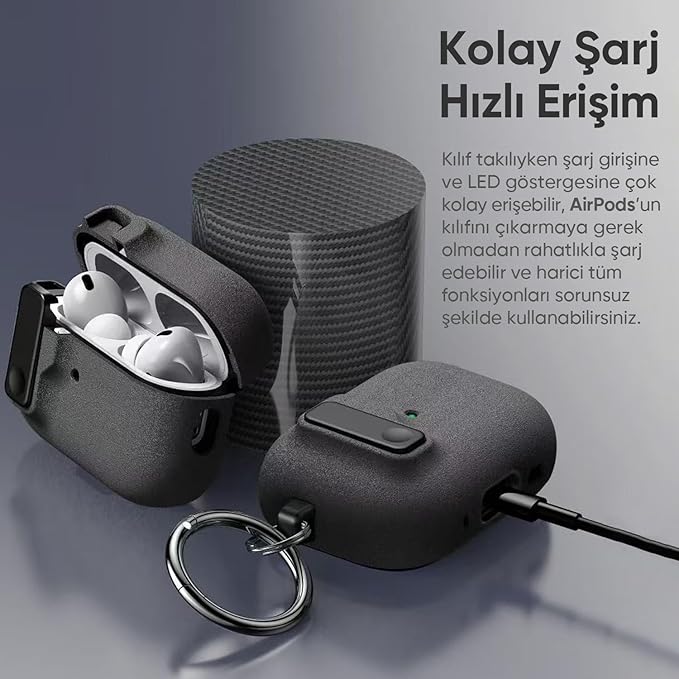 Airpods Pro 2 ile Uyumlu Fabric Serisi Özel Kilitli Tasarım ve Kumaş Yüzeyli Kılıf Darbelere Karşı Koruyucu Kapak (Gri, Airpods Pro 2) - Görsel 5
