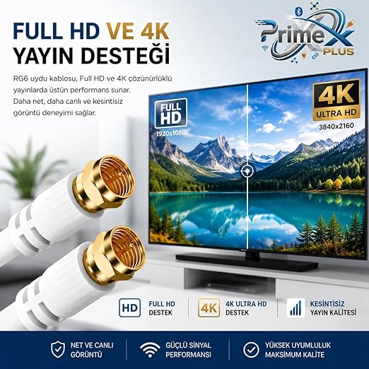 PX-TV2 2Metre RG6 Full HD TV Uydu Kablosu, Altın uç Anten Kablosu, DVB-T, DVB-C, DVB-S, DVB-S2 Beyaz - Görsel 5